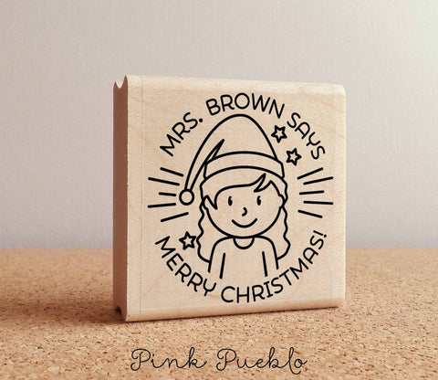 Merry Christmas from Teacher Rubber Stamp, Happy Holidays Teacher Stamp, Personalized Teacher Gift - Choose Hairstyle - PinkPueblo