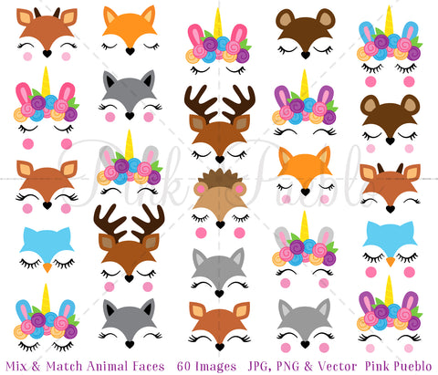 Mix and Match Animal Face Clipart, Unicorn Clipart, Forest and Woodland Animal Clipart - PinkPueblo
