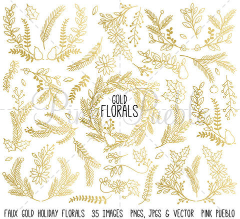 Faux Gold Foil Christmas Floral Clipart and Vectors - PinkPueblo