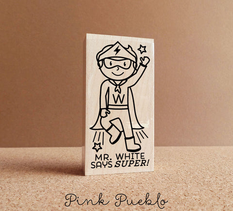 Superhero Teacher Rubber Stamp, Personalized Teacher Gift, Teacher Stamp for Grading - Choose Hairstyle and Accessories - PinkPueblo
