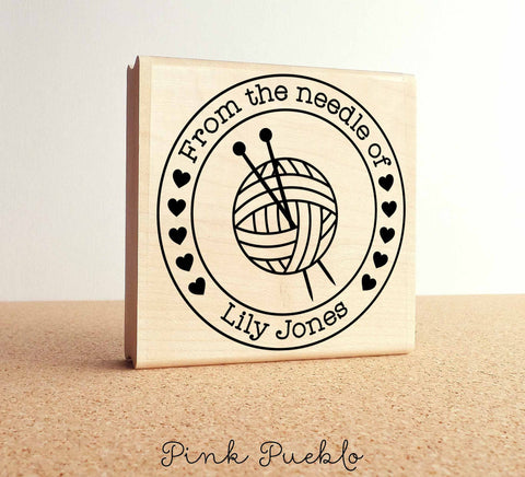 Large 3x3" Personalized Knitting Rubber Stamp, From the Needle Of Knitting Label Stamp - PinkPueblo