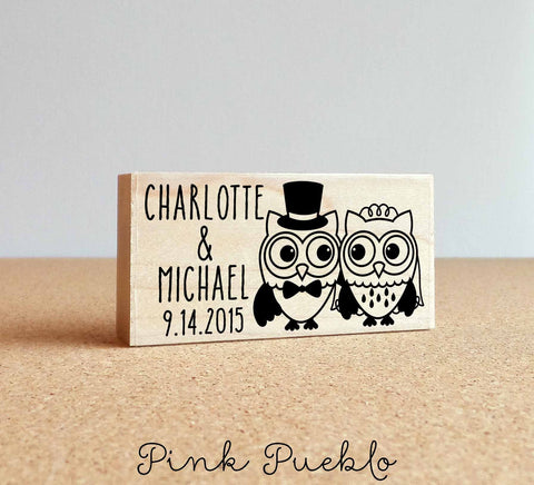 Personalized Owl Couple Wedding Rubber Stamp - PinkPueblo