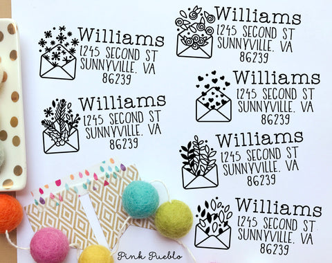 Personalized Self Inking Address Stamp with Envelope, Seasonal Return Address Stamp Self Inking, Holiday Address Stamp Self Inking - PinkPueblo