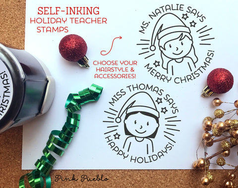 Self Inking Christmas Teacher Stamp, Teacher Christmas Gift, Merry Christmas Stamp - Choose Hairstyle and Accessories - PinkPueblo
