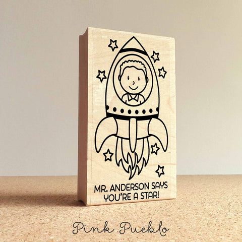Personalized Teacher Stamp, Outer Space Themed Teacher Rubber Stamp, You Are a Star Stamp - Choose Hairstyle and Accessories - PinkPueblo
