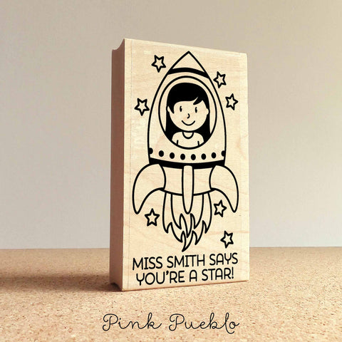 Personalized Teacher Stamp, Outer Space Themed Teacher Rubber Stamp - Choose Hairstyle and Accessories - PinkPueblo
