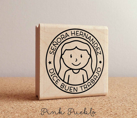 Spanish Teacher Stamp, Personalized Teacher Rubber Stamp, Spanish Teacher Gift - Choose Hairstyle and Accessories - PinkPueblo