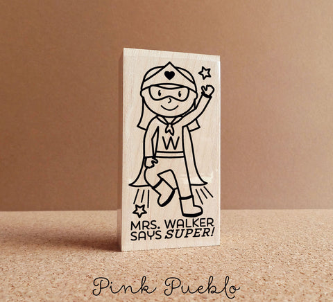 Superhero Teacher Stamps, Personalized Teacher Gifts, Superhero Classroom Stamp - Choose Hairstyle and Accessories - PinkPueblo