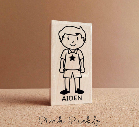Personalized Kid's Rubber Stamp - Boy - Choose Hair, Clothing and Name - PinkPueblo