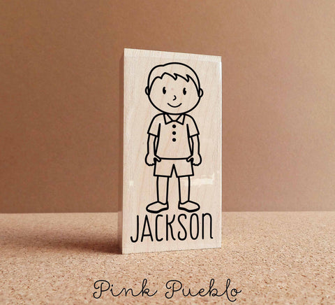 Personalized Little Boy Rubber Stamp - Choose Name, Clothing and Accessories - PinkPueblo