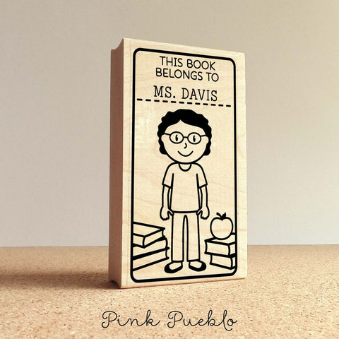 Teacher Book Stamp, Personalized Custom Bookplate Rubber Stamp, Teacher Stamps - Choose Hairstyle, Clothing and Name - PinkPueblo