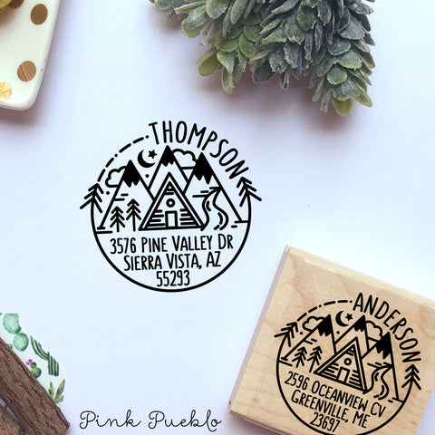 Mountain Cabin Return Address Stamp, Round Address Stamp with a Cabin in the Mountains