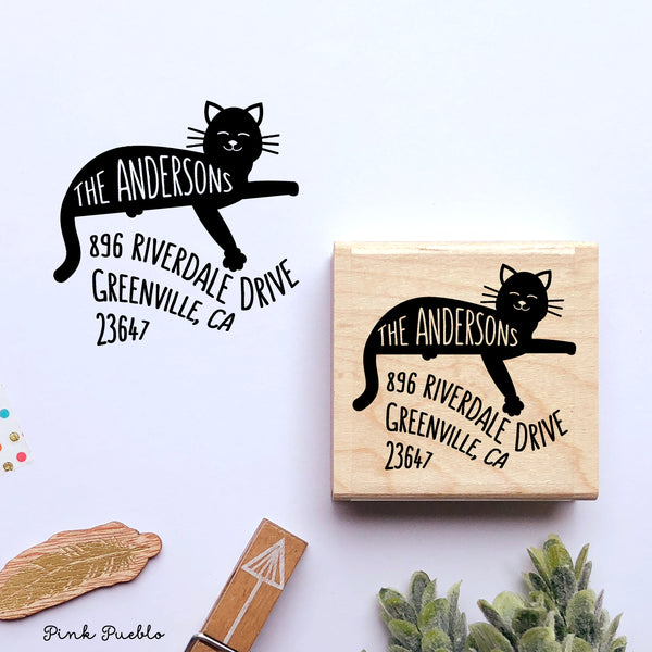 Custom Cat Address Stamp with Personalized Family Name and Address – Unique and Fun Return Address Rubber Stamp