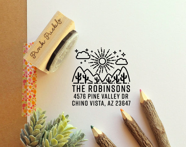 Personalized Modern Return Address Stamp with Desert, Cactus and Mountains