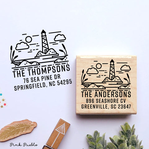 Personalized Lighthouse and Beach Coastal Address Stamp