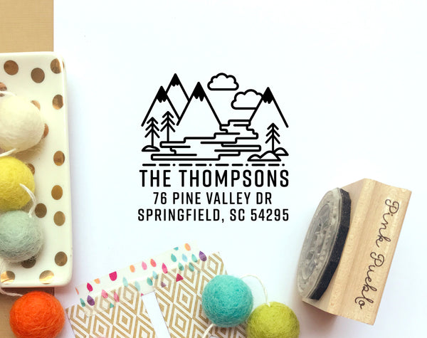 Personalized Return Address Stamp with Mountains and a River