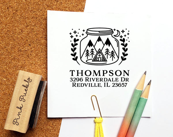 Mountain Return Address Rubber Stamp with Cozy Cabin Inside a Rustic Mason Jar