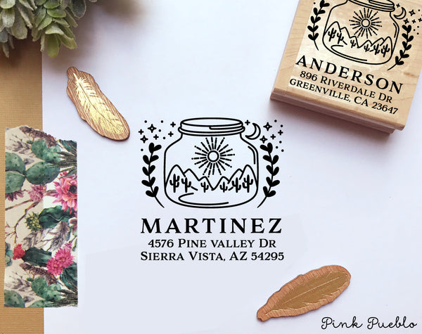 Personalized Modern Return Address Stamp with Desert, Cactus and Mountains Inside a Mason Jar