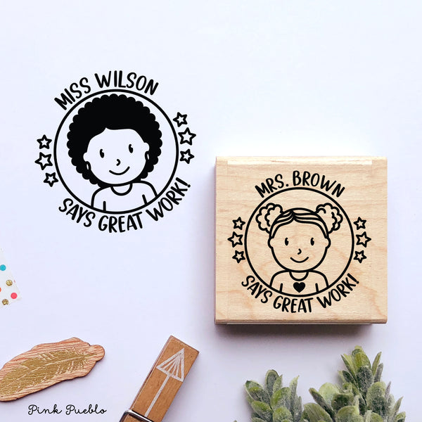 Personalized Custom Teacher Rubber Stamp, Customized Teacher Gift - Choose Hairstyle and Jewelry