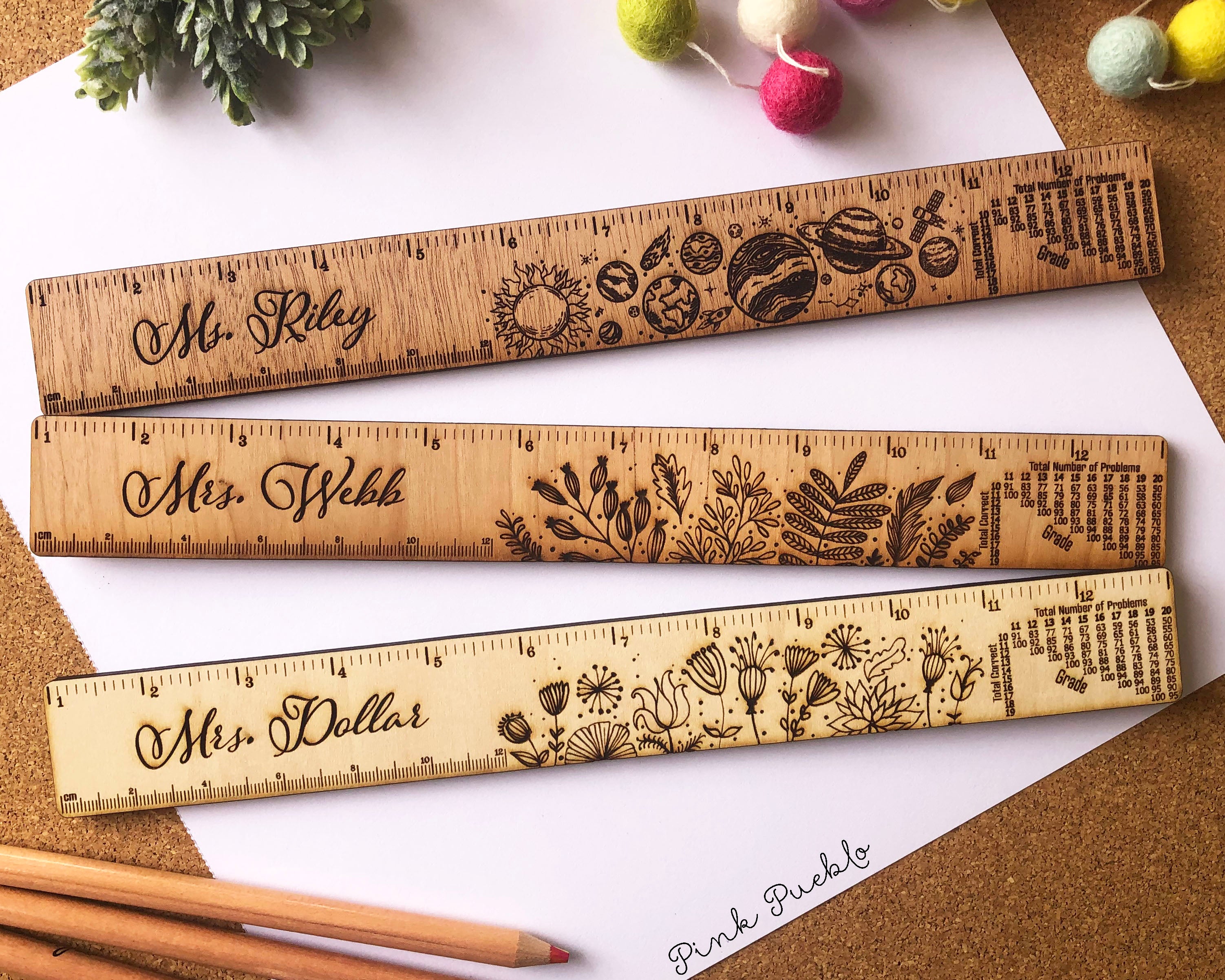 Floral Cherry Blossoms Pink White Monogram Ruler
