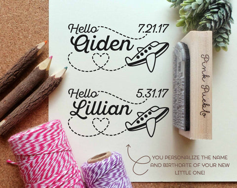 Personalized Airplane Baby Shower Stamp, Birth Announcement Rubber Stamp with Airplane - PinkPueblo