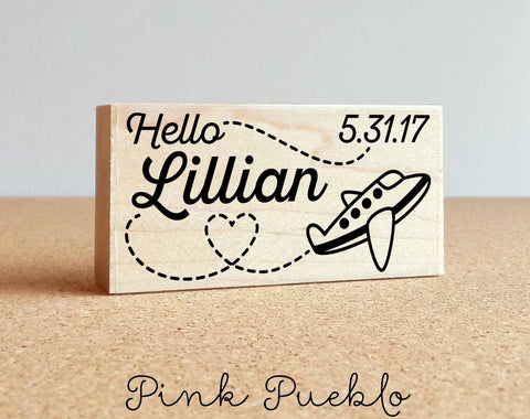 Personalized Airplane Baby Shower Stamp, Birth Announcement Rubber Stamp with Airplane - PinkPueblo