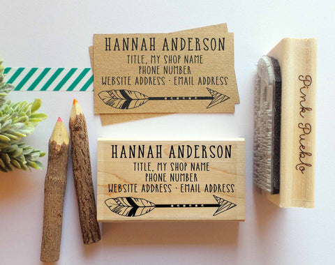 Personalized Feather Arrow Business Card Stamp, Business Card Rubber Stamp - PinkPueblo