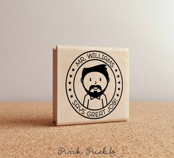 Personalized Male Teacher Rubber Stamp, Custom Teacher Stamp - Choose Text, Hairstyle - PinkPueblo