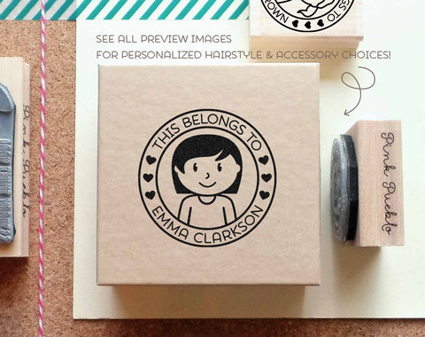 Personalized Kids Label Stamp, Personalized Rubber Stamp for Children - Choose Hairstyle and Accessories - PinkPueblo