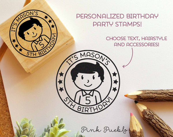 Personalized Birthday Stamp for Boys, Custom Rubber Stamps for Birthday Party - Choose Hairstyle and Accessories - PinkPueblo