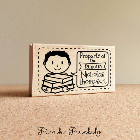 Bookplate Stamp for Kids, Personalized Bookplate Label Stamp - Choose Hairstyle and Text - PinkPueblo