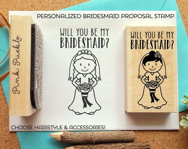 Personalized Bridesmaid Proposal Stamp, Personalized Wedding or Bridal Rubber Stamp - Choose Hairstyle and Accessories - PinkPueblo