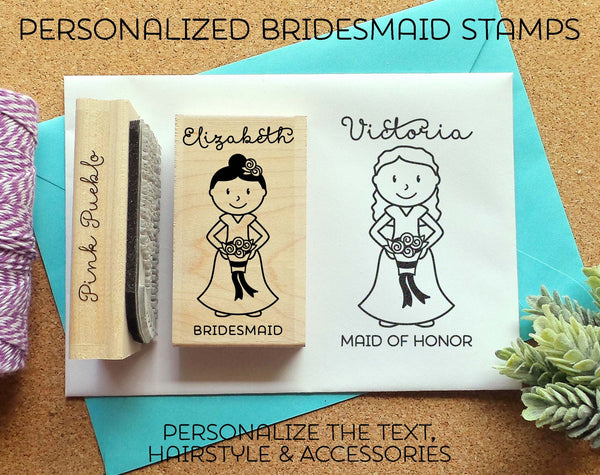 Personalized Bridesmaid Rubber Stamp, Personalized Bridesmaid Proposal Stamp OR Bridesmaid Gift - Choose Hairstyle and Accessories - PinkPueblo