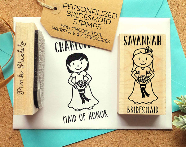 Personalized Bridesmaid Gift, Personalized Bridesmaid Stamp, Bridesmaid Proposal Stamp - Choose Hairstyle and Accessories - PinkPueblo