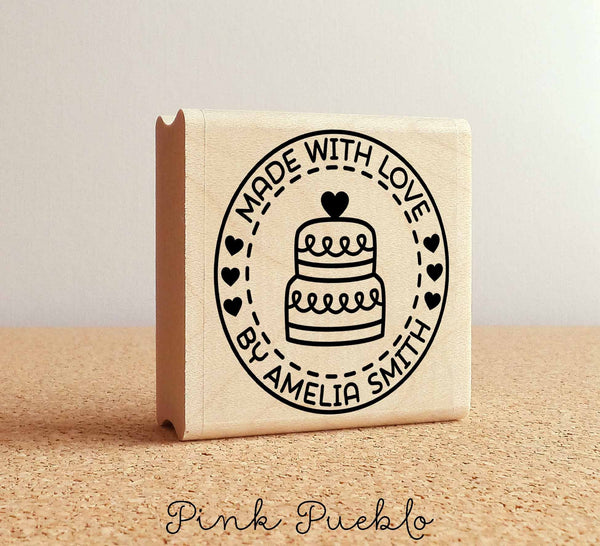 Made with Love Personalized Rubber Stamp, Baking Stamp with Cake - PinkPueblo