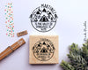 Camping Return Address Stamp, Round Address Stamp with Geometric Mountains - PinkPueblo