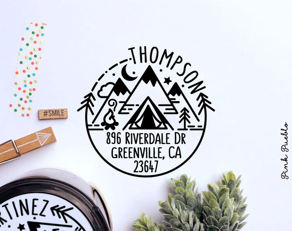 Self Inking Return Address Stamp with Camping Scene and Mountains, Outdoors Round Self Inking Return Address Stamp - PinkPueblo