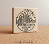 City Skyline Address Stamp, Return Address Stamp with Modern Geometric Cityscape - PinkPueblo