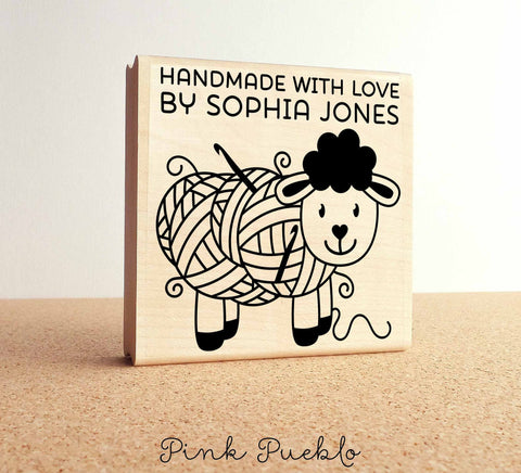 Large 3x3" Personalized Sheep Crochet Rubber Stamp - PinkPueblo