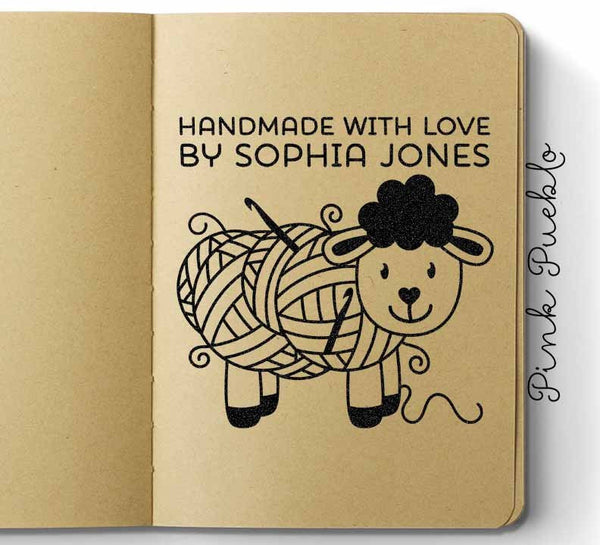 Large 3x3" Personalized Sheep Crochet Rubber Stamp - PinkPueblo