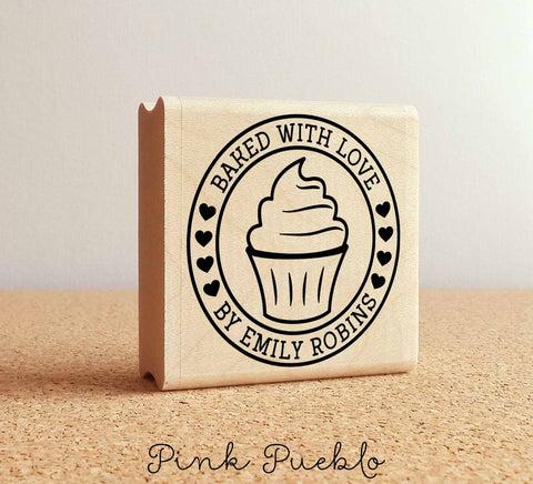 Personalized Baked with Love Rubber Stamp, Label Stamp with Cupcake - PinkPueblo