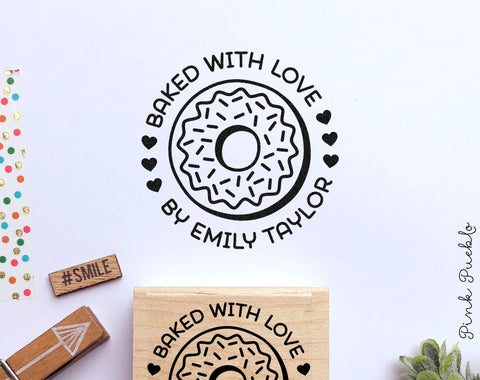 Personalized Baked with Love Stamp, Donut Stamp for Baking Gifts, Doughnut Stamp - PinkPueblo