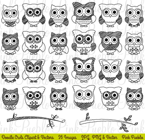 Doodle Owls Clipart & Vectors - PinkPueblo