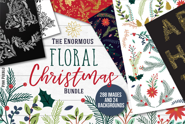 Floral Christmas Clipart and Digital Paper Bundle - PinkPueblo