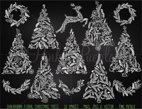 Chalkboard Floral Christmas Tree Clipart and Vectors - PinkPueblo