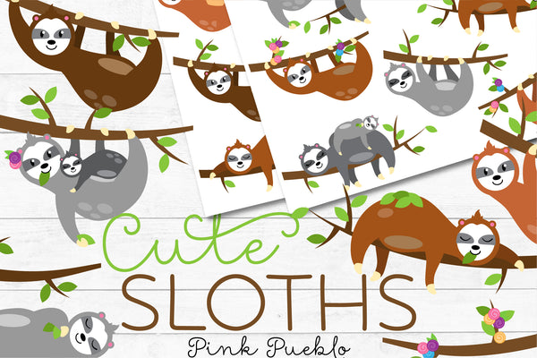 Cute Sloth Clipart and Vectors - PinkPueblo