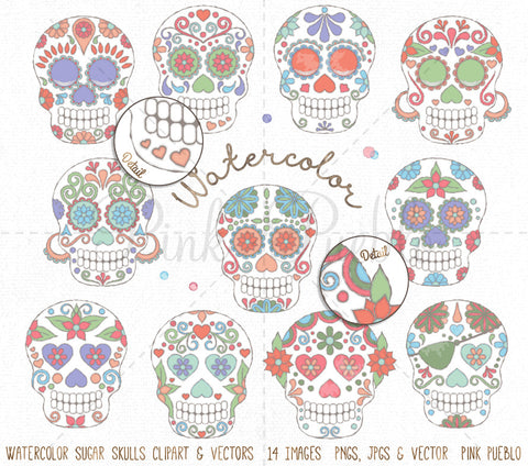 Watercolor Day of the Dead Skulls Clipart and Vectors - PinkPueblo