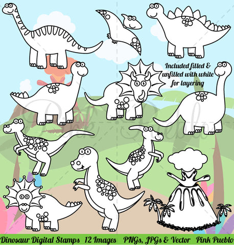 Dinosaur Line Art or Digital Stamps - PinkPueblo