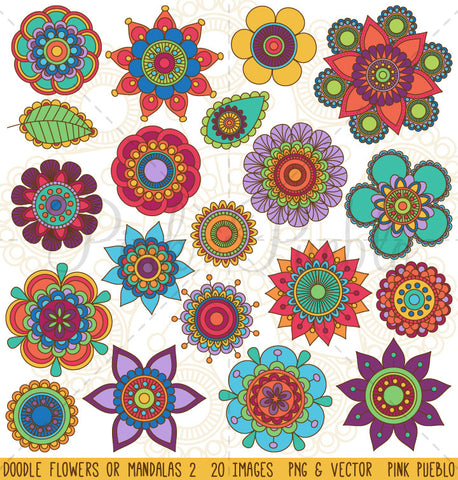 Doodle Flowers and Mandalas Clipart and Vectors - PinkPueblo