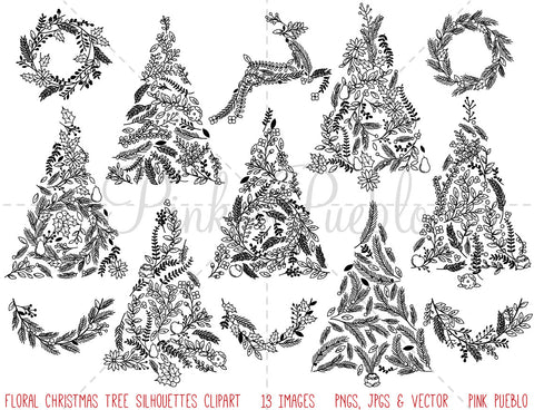Floral Christmas Tree Silhouettes Clipart and Vectors - PinkPueblo
